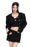 Black Wide-Shoulder Short Tweed Jacket with Cross Design