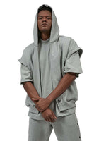Unisex Grey Patched Hoodie with Removable Sleeves - Dose